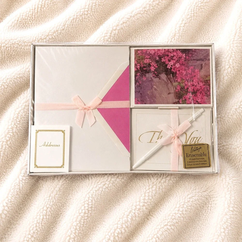 Whiting's Ensemble Vintage 90s Stationery Set Pink Floral 48 Sheets + Thank you